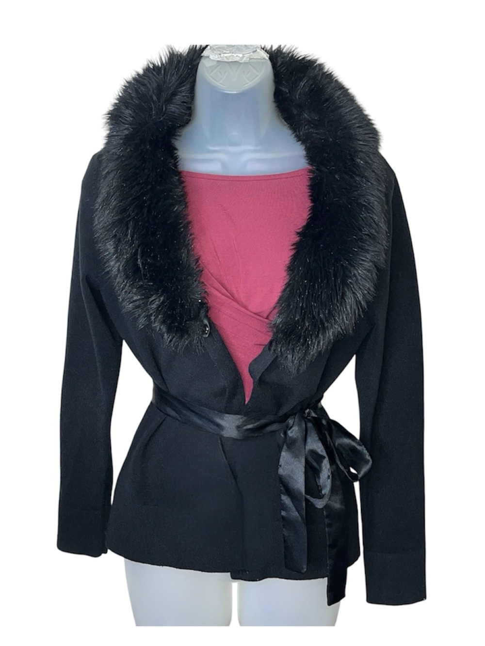 Y2K Style & Co Faux Fur Trim Satin Tie Waist Open Front Jacket Mobwife Winter MP - Picture 8 of 15